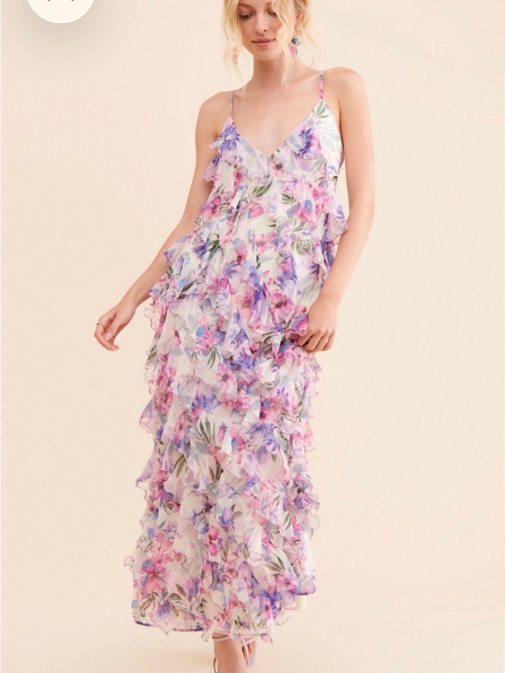 Floral Ruffle Tiered Maxi Dress - White/Pink/Purple
